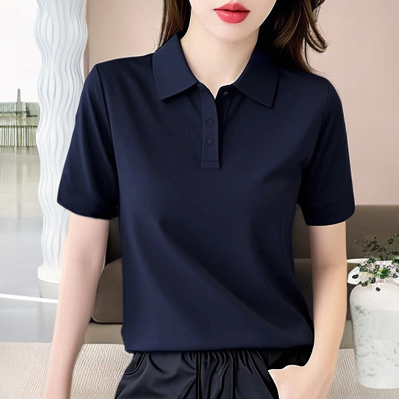 夏季大码藏青色外穿polo短袖t恤女装2025新款纯色正肩宽松打底衫