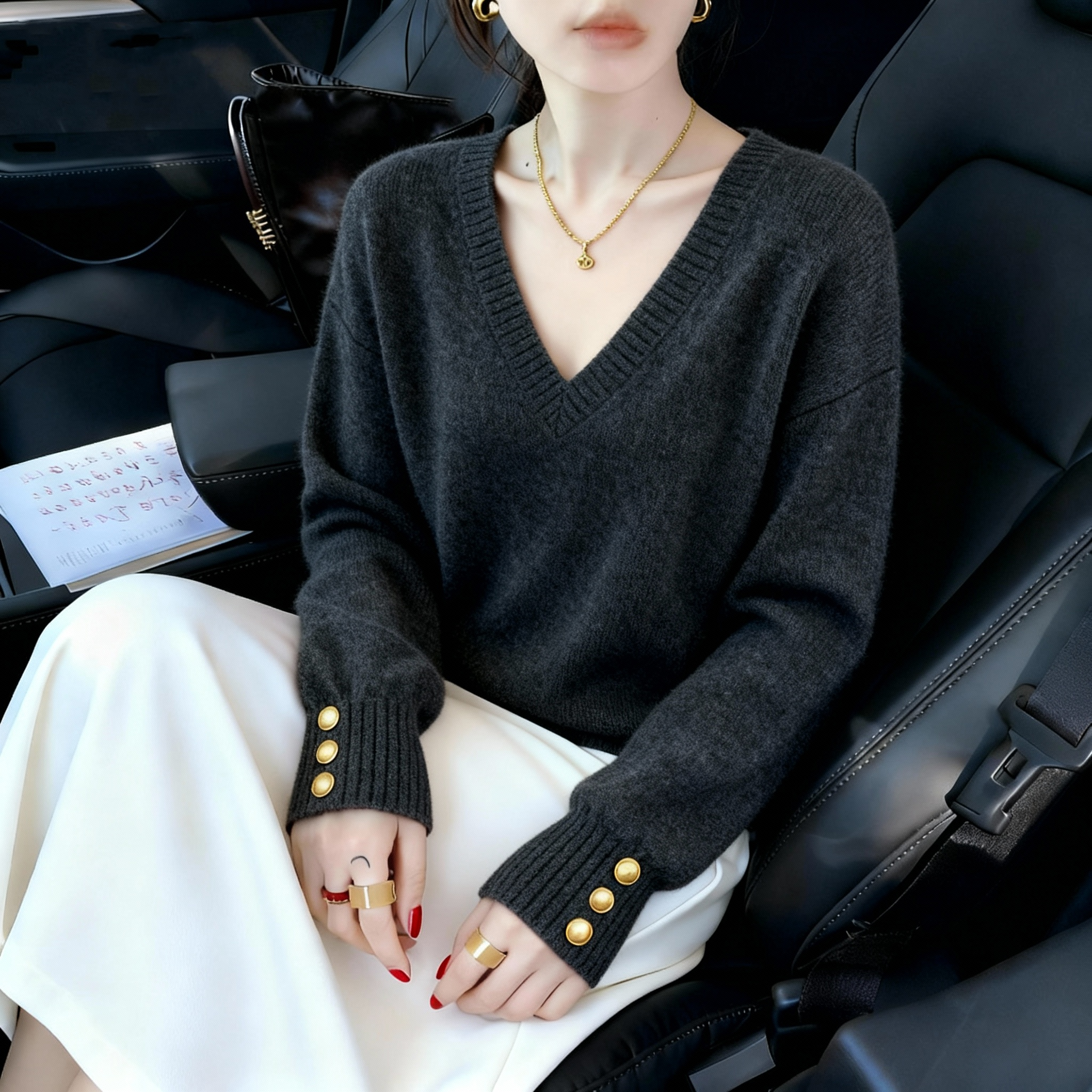 2025秋冬季新款韩版时尚气质慵懒休闲百搭V领显瘦长袖毛衣针织衫
