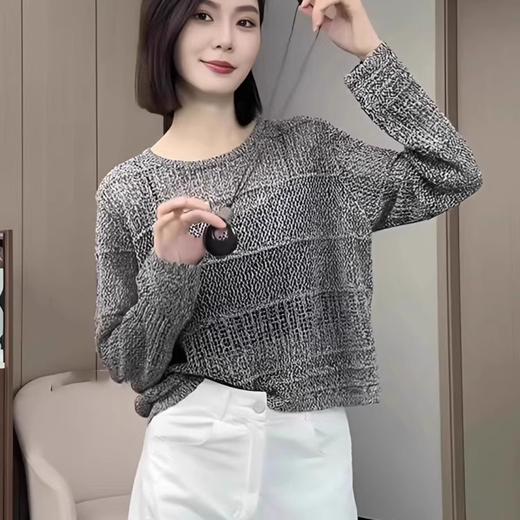 原宿风长袖镂空纯色圆领毛针织衫网红时尚东方洛可可洋气罩女上衣
