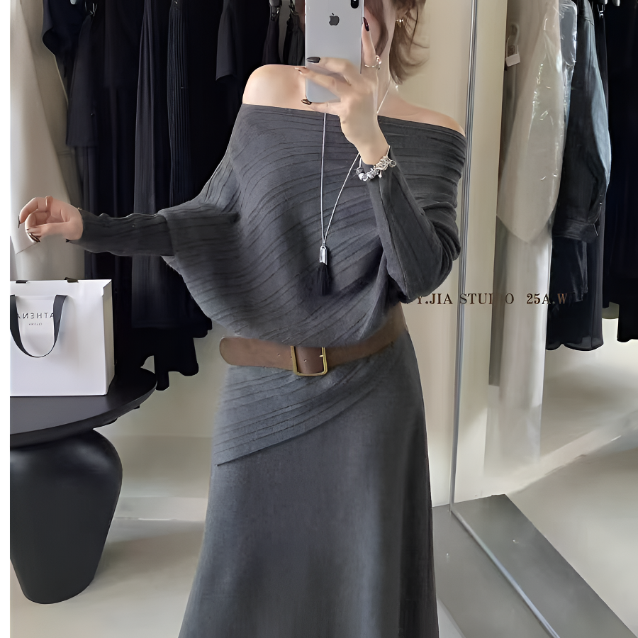 配腰带法式斜肩不规则针织上衣松紧腰半裙两件套秋冬新款毛衣套装