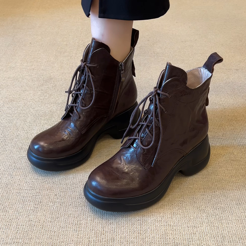 RubyL/6cm小个子通勤百搭复古风系带侧拉链圆头厚底马丁靴女款