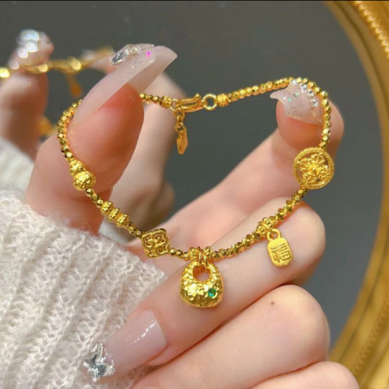铜合金手链 新中式蹦迪珠爆闪金陀碎碎金平安顺转运纳福手链