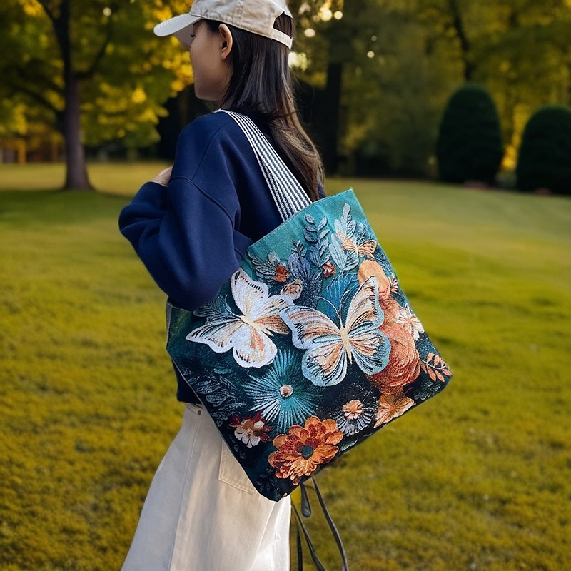 蝴蝶3D立体提花刺绣大容量单肩包女托特手提妈咪购物帆布包