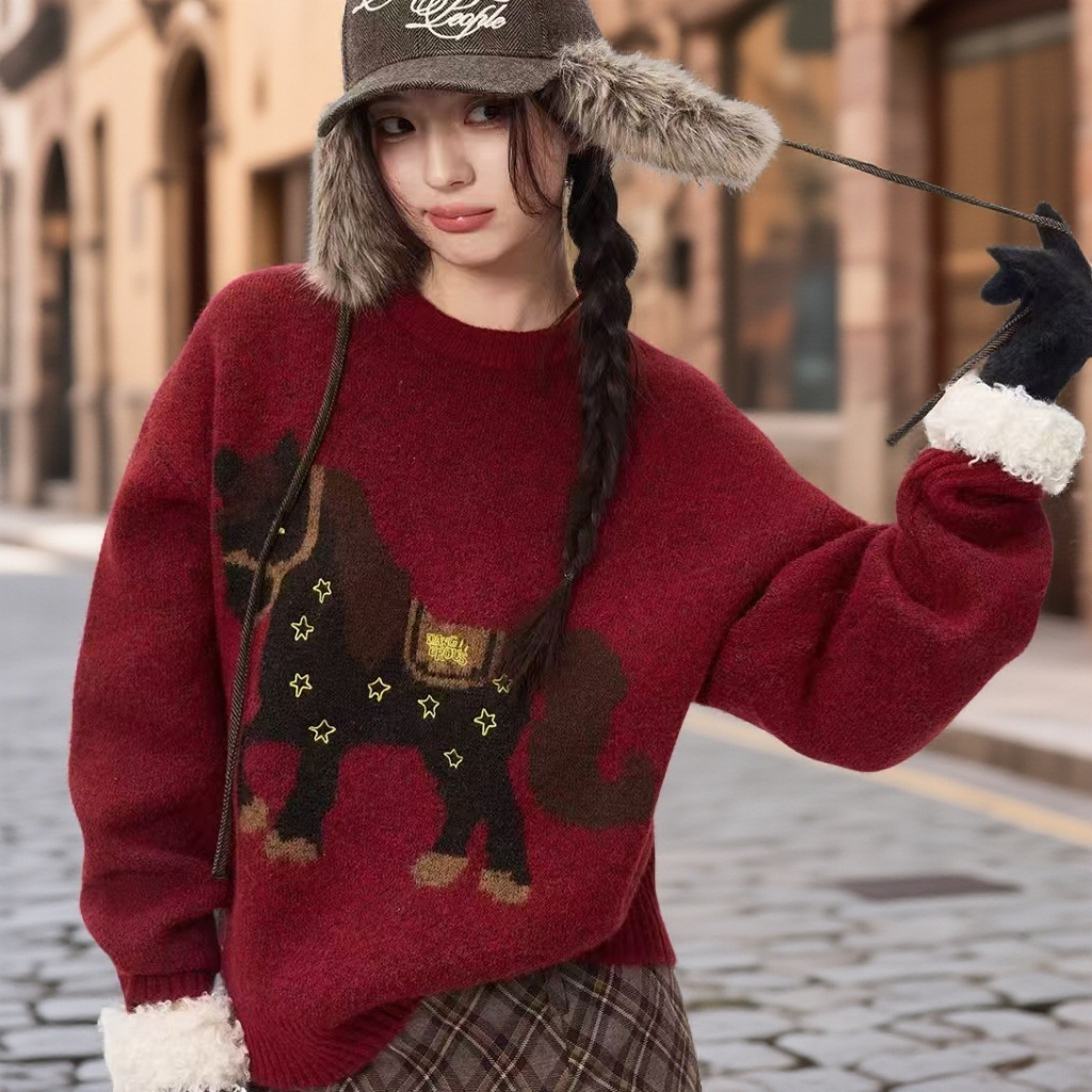 新年红色圣诞穿搭毛衣女秋冬季新款提花慵懒风针织衫宽松百搭上衣