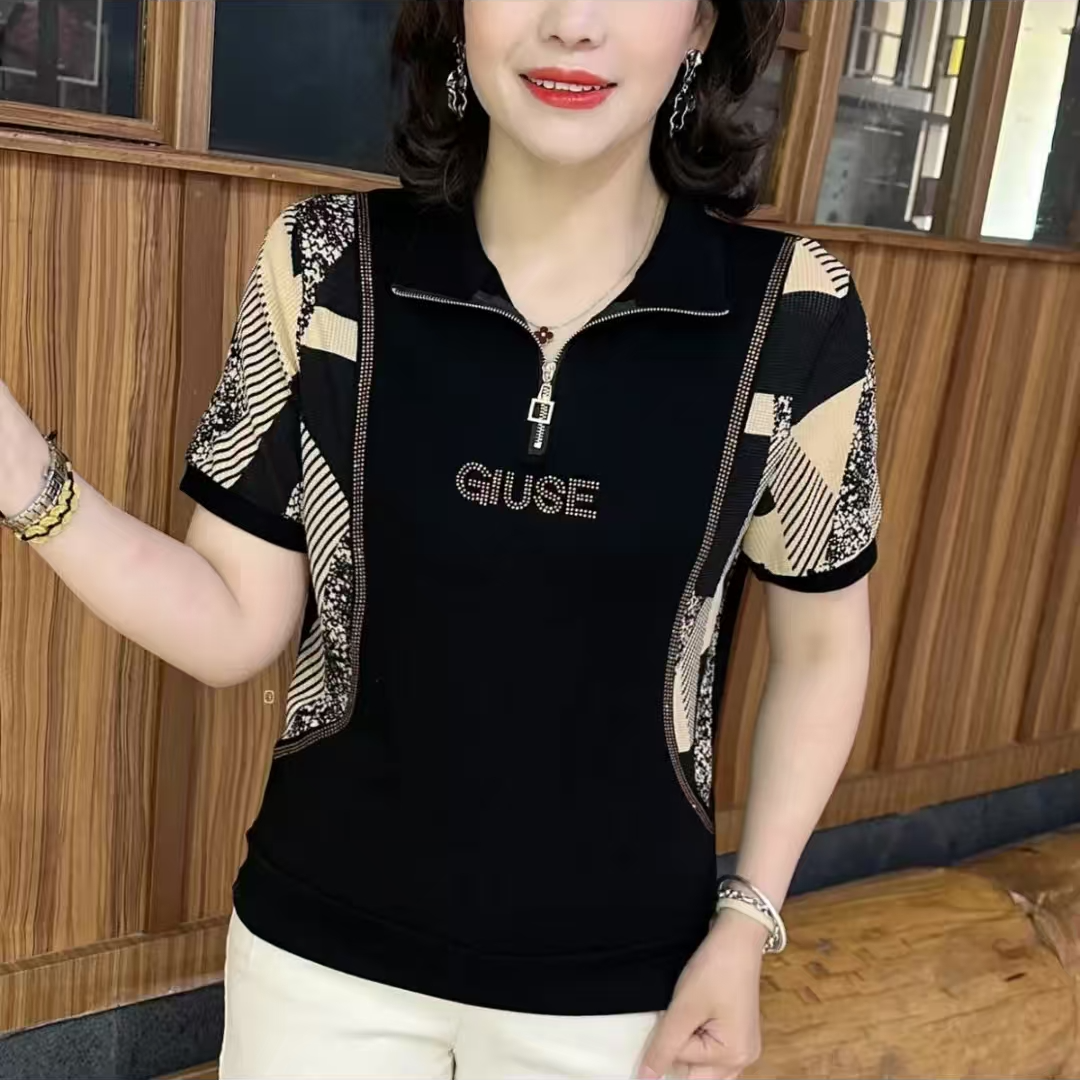 夏季翻领半拉链设计款拼接短袖中老年气质妈妈装宽松减龄显瘦女装