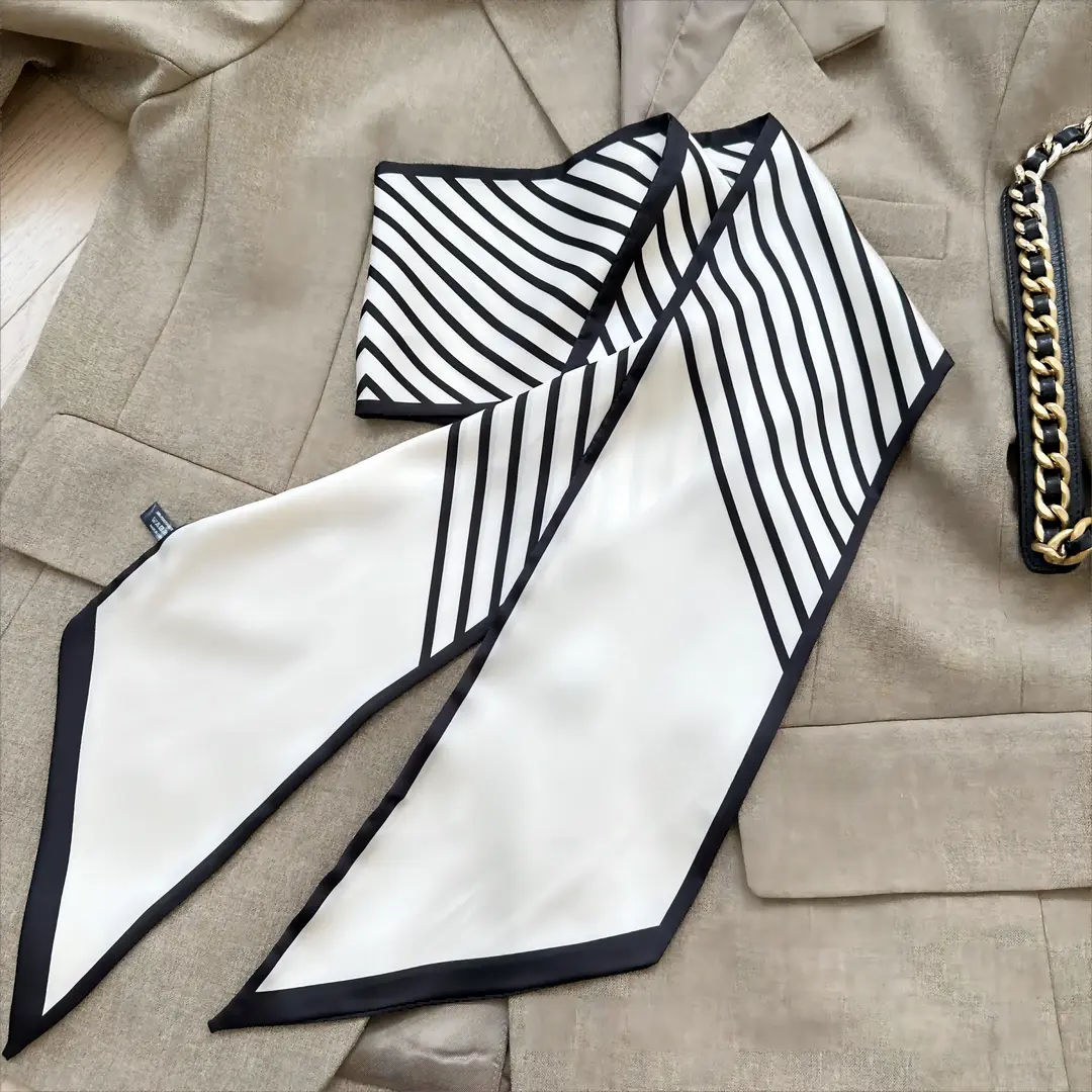 新款高级感气质长条黑白条纹丝巾女细窄简约时尚百搭夏季系脖飘带