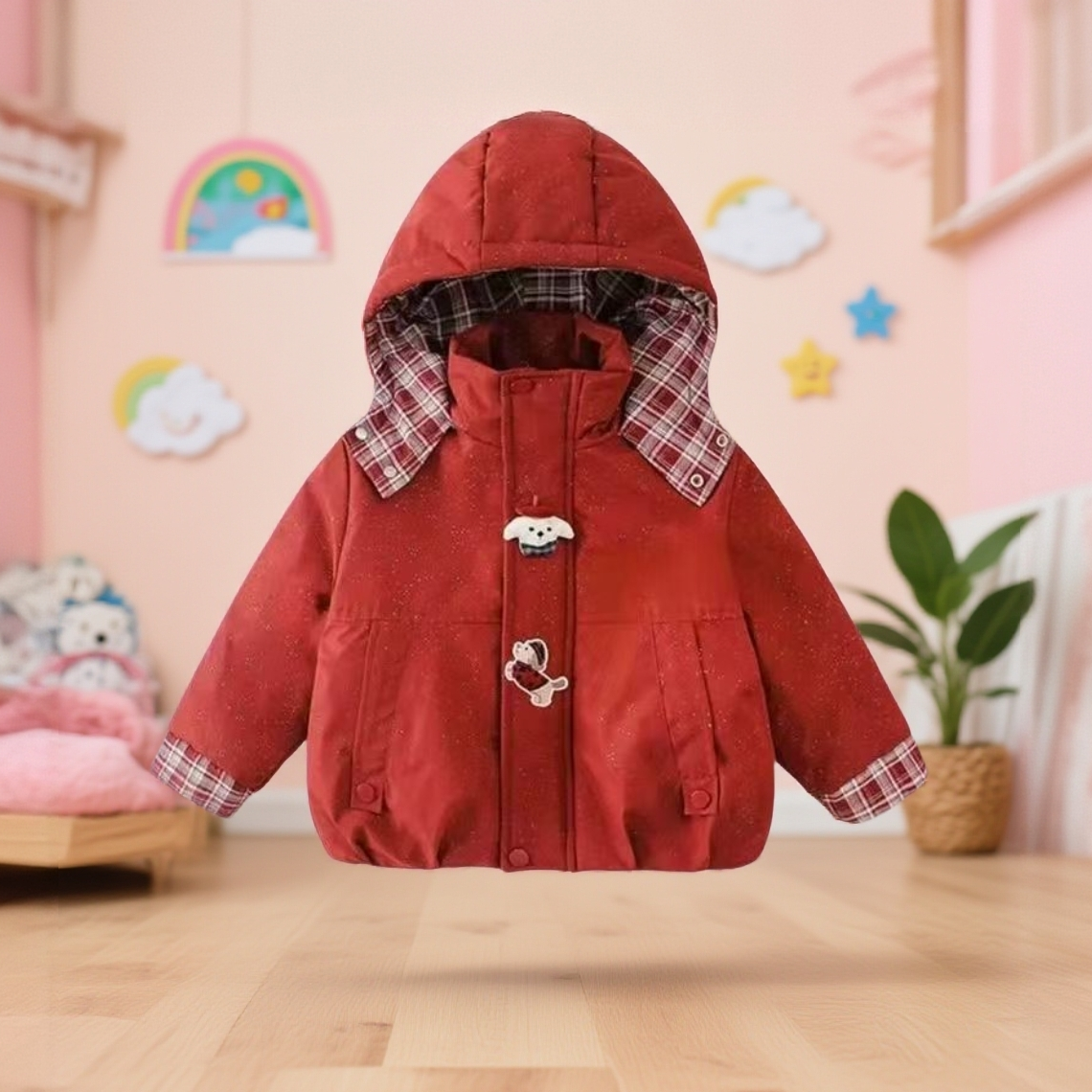 女童冬季拜年服男女儿童宝宝新款加绒加厚红色喜庆亮闪闪连帽棉服