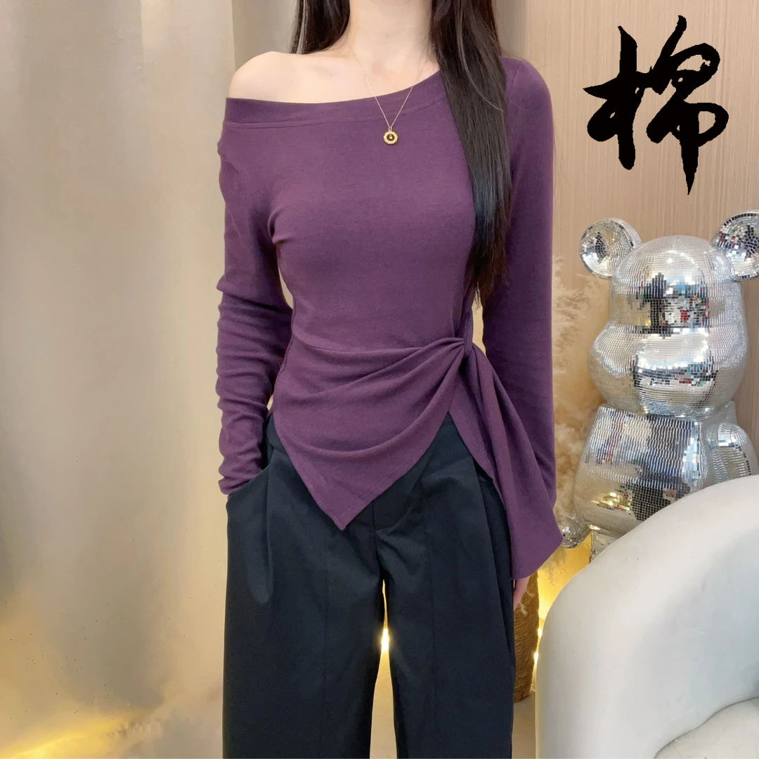 【棉】大码女装2025秋季新款不规则设计感收腰条纹甜辣斜肩长袖T恤
