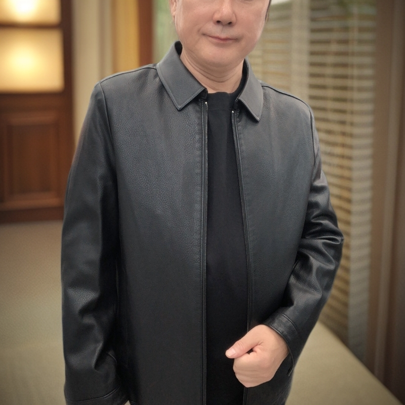 秋冬短款常规款纯色男翻领皮衣中年爸爸商务休闲