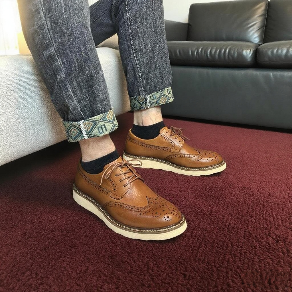 英伦风男休闲皮鞋布洛克雕花棕色商务复古水洗时尚厚底手工皮鞋