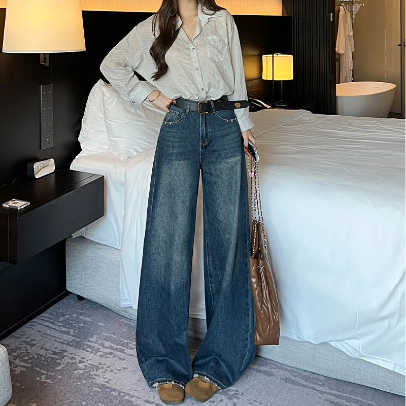 美式复古磨破设计阔腿牛仔裤女2025早秋新款高腰宽松垂感直筒百搭
