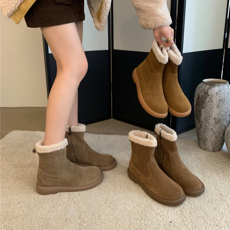 XYR-W17-8真皮加绒新款冬季复古毛毛鞋平底丑萌保暖棉靴女雪地靴