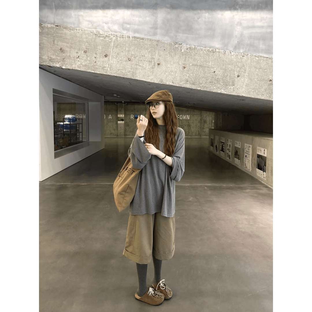 早秋新款慵懒风随性自由百搭时尚纯色打底衫女休闲七分裤套装新款