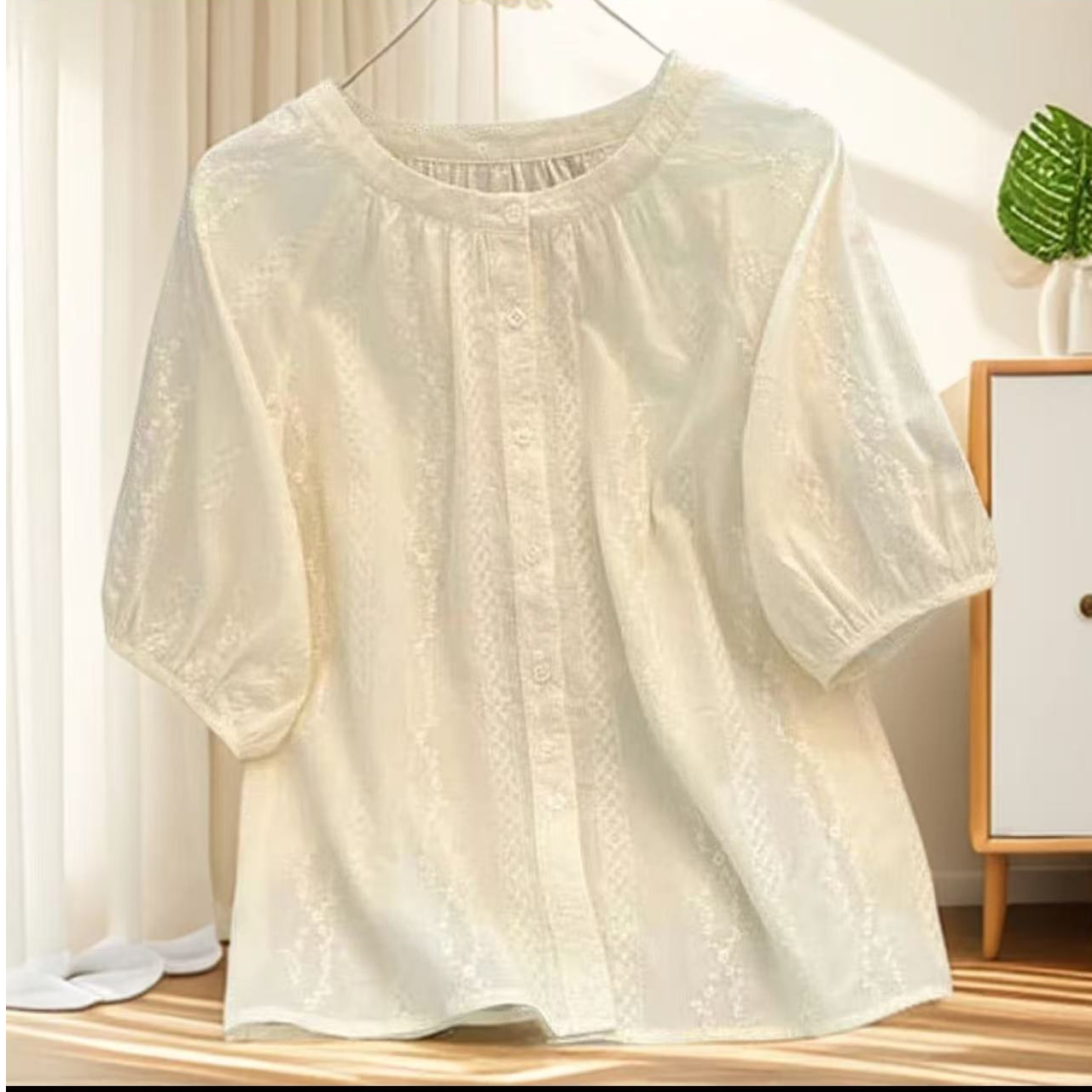 100%棉法式复古提花温柔绣花文艺短袖衬衫女宽松显瘦衬衣夏娃娃衫
