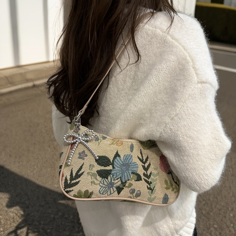 2025新款时尚拼接帆布单肩腋下包撞色斜挎包大容量印花潮流包包女