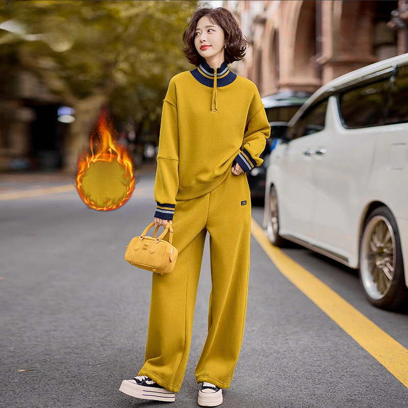 黄色加绒休闲运动套装女2025秋冬新款洋气减龄立领卫衣裤子两件套