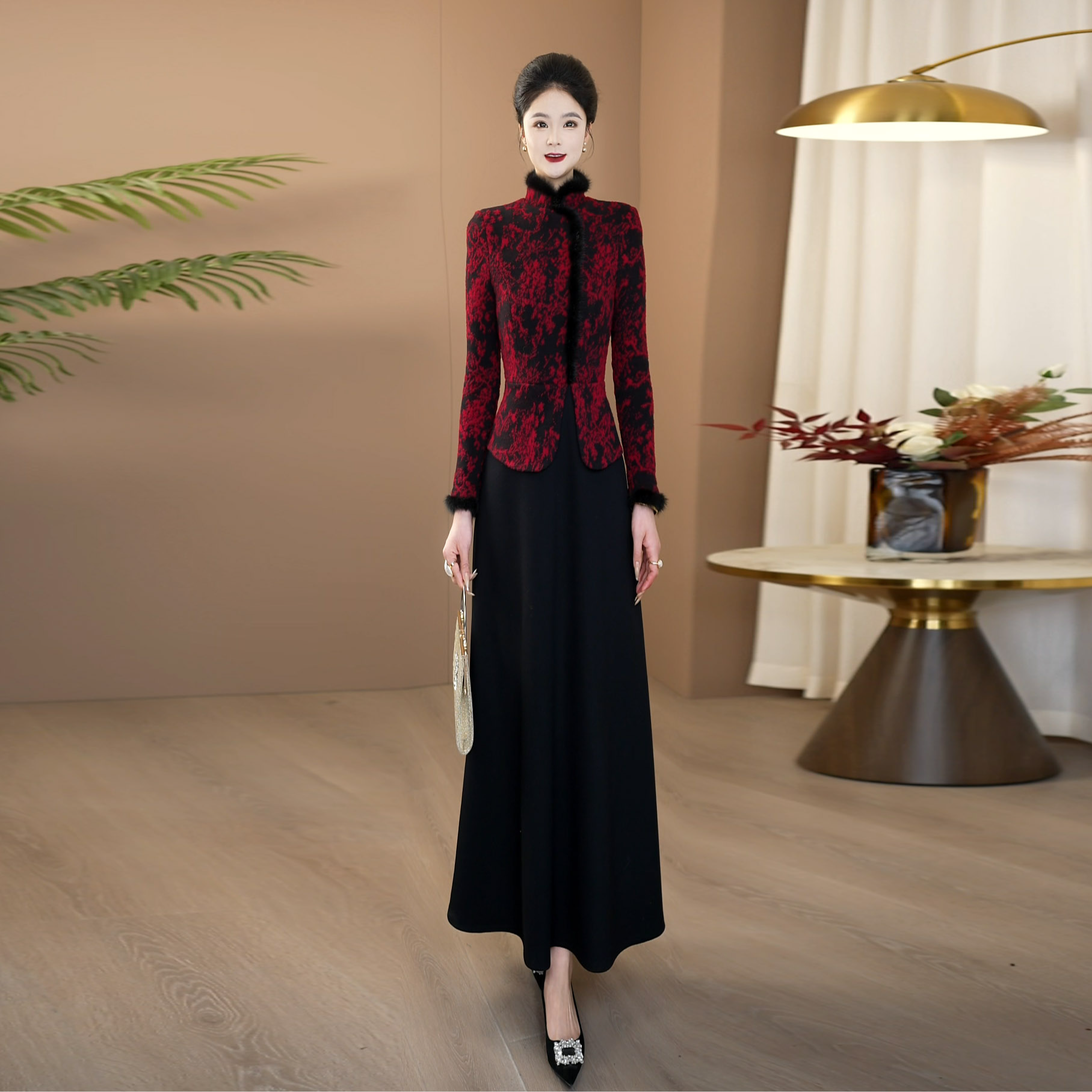 拼接撞色假两件连衣裙2025年秋冬新加绒加厚收腰显瘦大摆长裙282