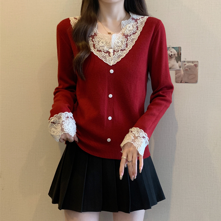 大码蕾丝拼接V领红色针织打底衫女秋冬胖MM修身显瘦百搭洋气毛衣