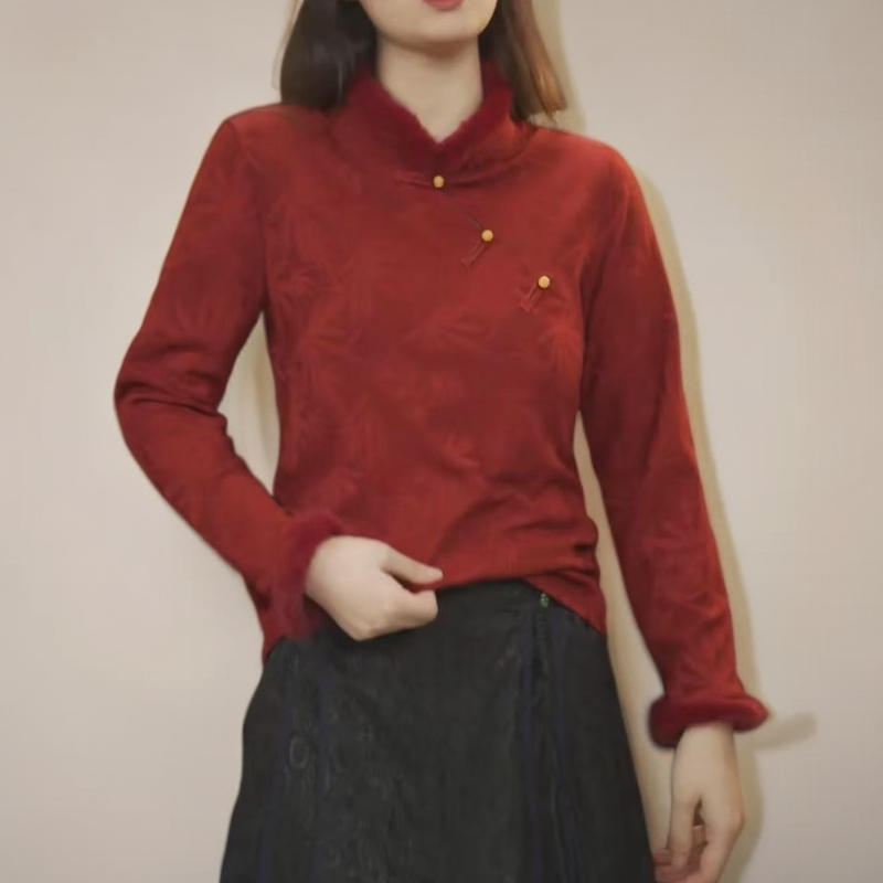 深圳南油高端花萝缎复古盘扣立领加绒女式中式打底衫上衣2025正品