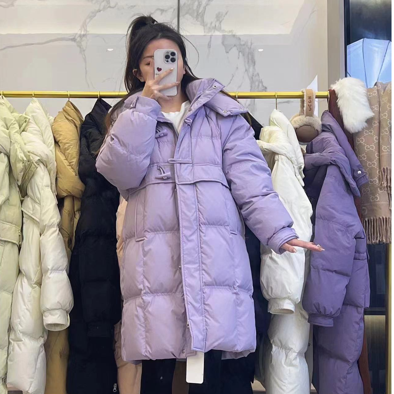 羽绒服女中长款2025年新款韩版牛角扣外套潮