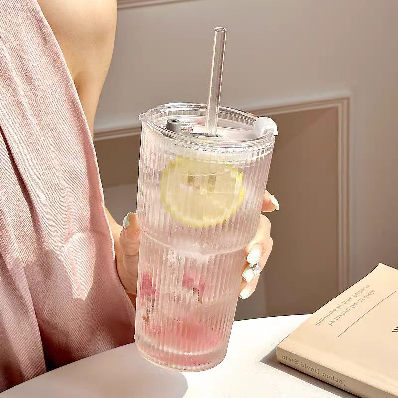 ins玻璃杯大容量带盖带吸管家用冷饮杯果汁咖啡杯竖条纹水杯透明