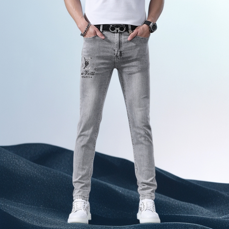 巴赛娜缇牛仔裤男春夏款修身小脚韩版潮牌烫钻印花弹力休闲长裤子