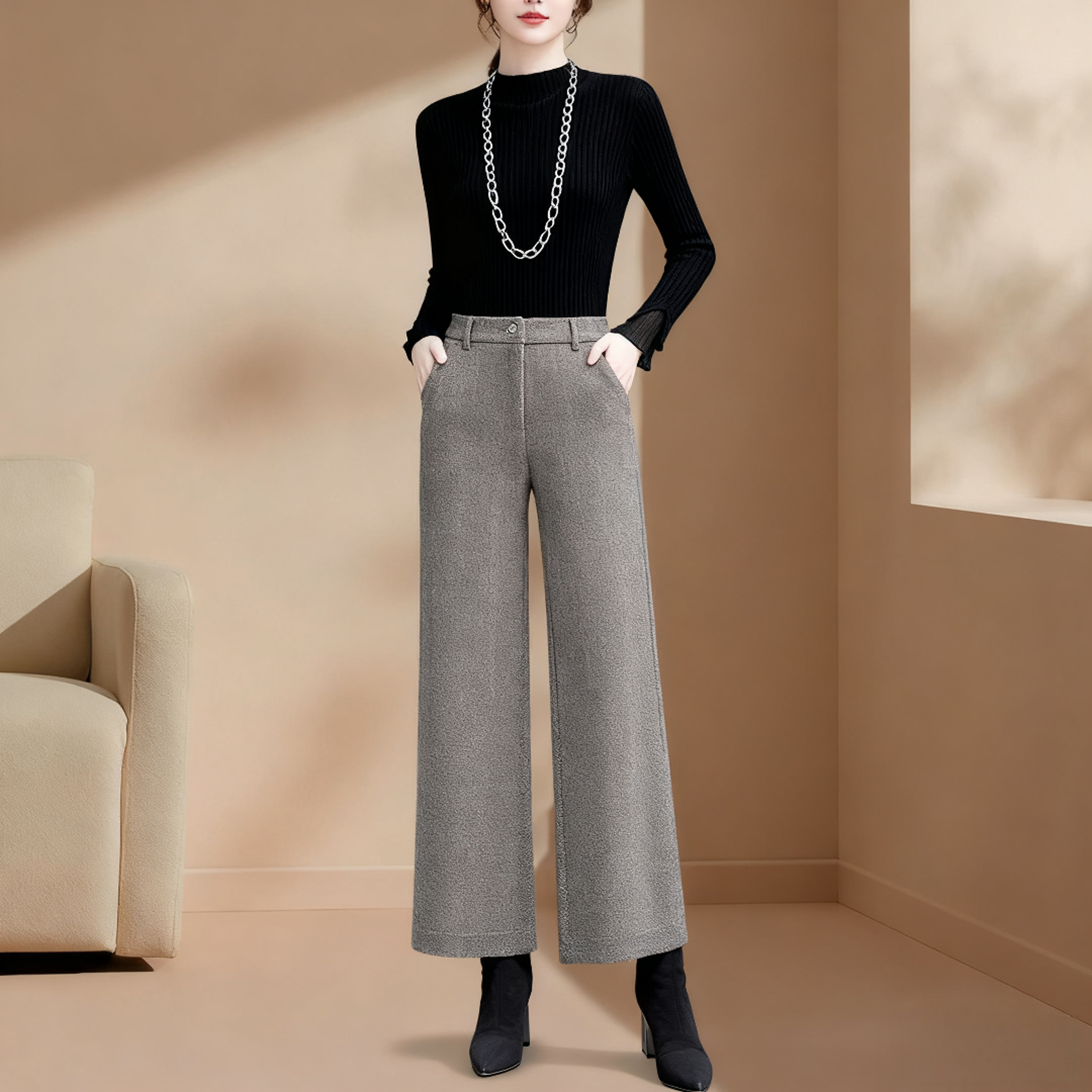 毛呢阔腿裤女春秋2025新款加绒加厚秋冬直筒外穿呢子显瘦休闲裤子