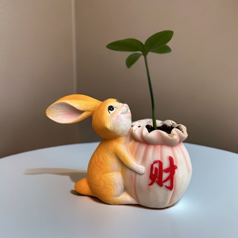 财福兔盆载卧室客厅花园装饰办公室桌面摆件网红家居装饰品