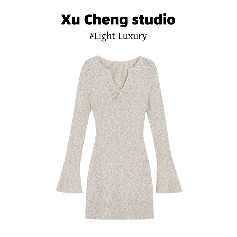 Xu Cheng假两件针织开衫气质v领长袖针织连衣裙女装收腰包臀短裙