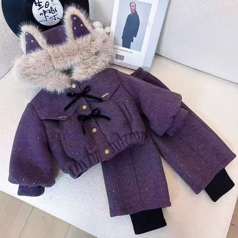 女童2025冬季小女孩韩版时髦拼接款儿童加绒外套长裤保暖加厚套装