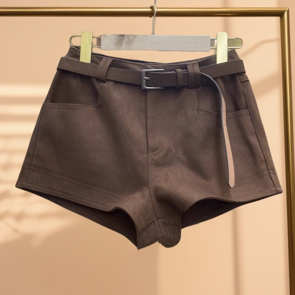 美拉德高腰阔腿裤短裤女2025咖色休闲三分裤秋冬加厚显瘦热裤靴裤