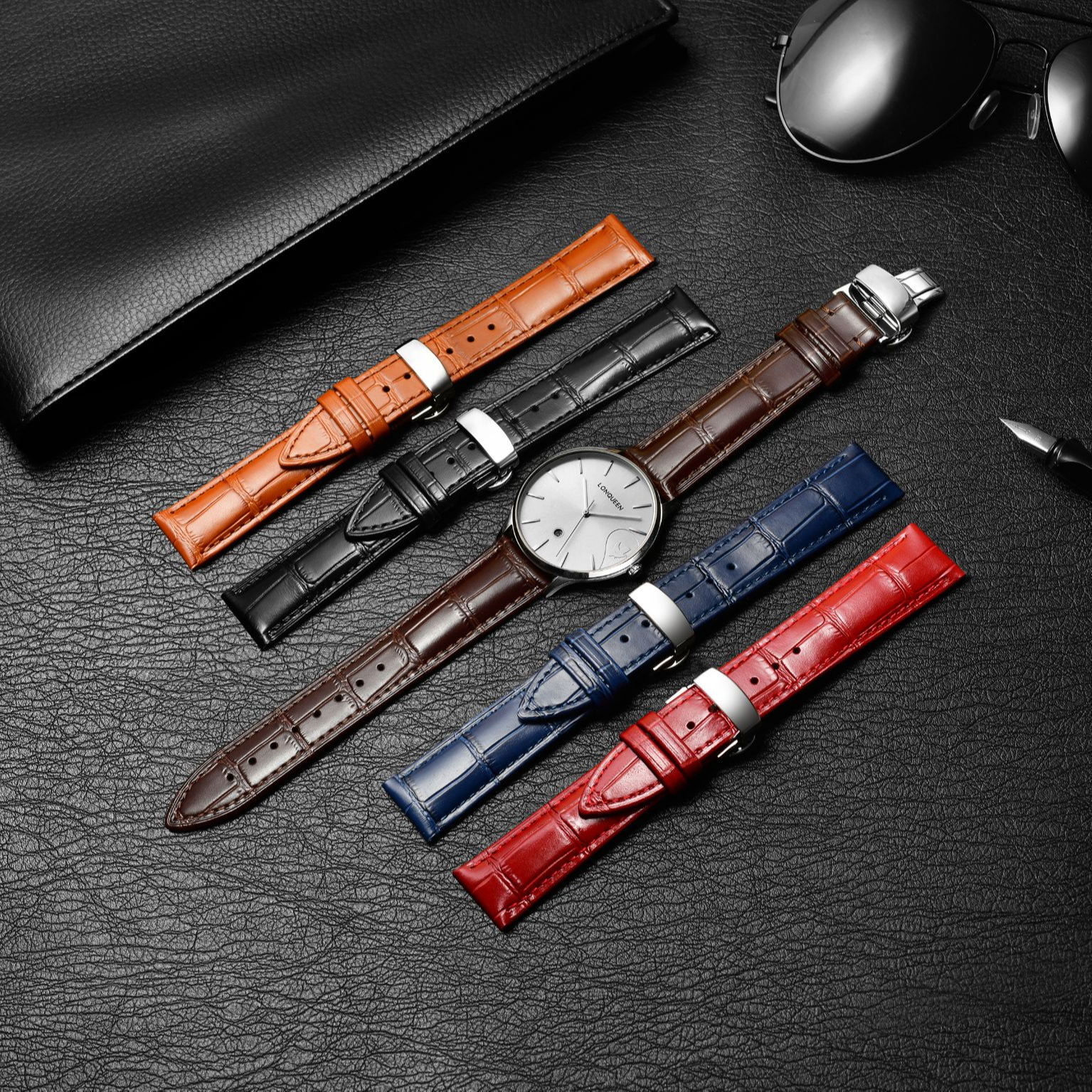 琅琨9003S  100%真皮适配 天梭浪琴蝴蝶扣表带真皮表带牛皮