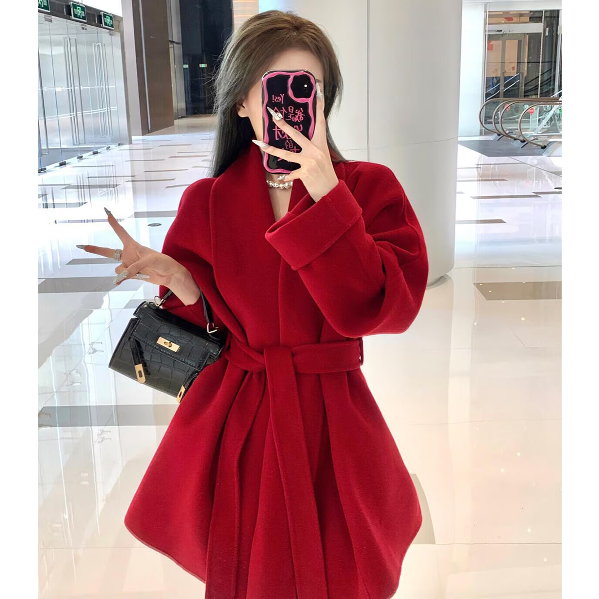 新年战袍红色双面呢子大衣女短款2025冬新款小个子高级感毛呢外套