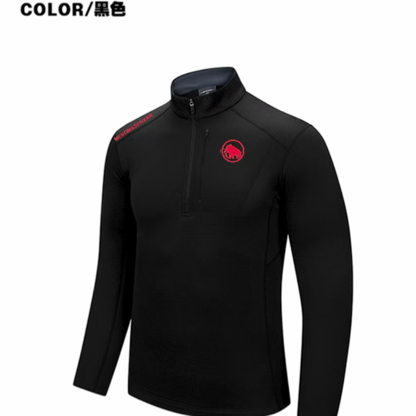 猛犸盛夏秋季半拉链男士速干透气休闲上衣长袖时尚弹力立领黑色