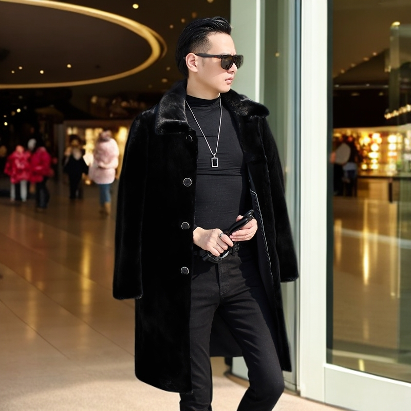 男装进口貂皮大衣整貂水貂皮草外套方领修身长款风衣扣子版