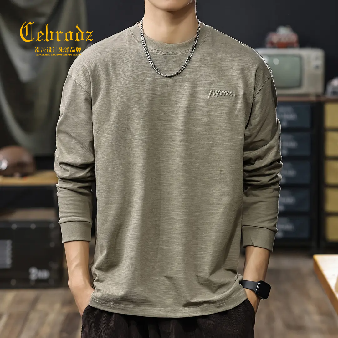 法国 Cebrodz刺绣竹节棉长袖t恤男秋宽松新款圆领内搭潮牌打底衫