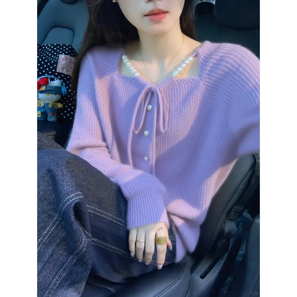 甜美风紫色蝴蝶结系带针织开衫女秋冬季新款时尚洋气百搭毛衣外套