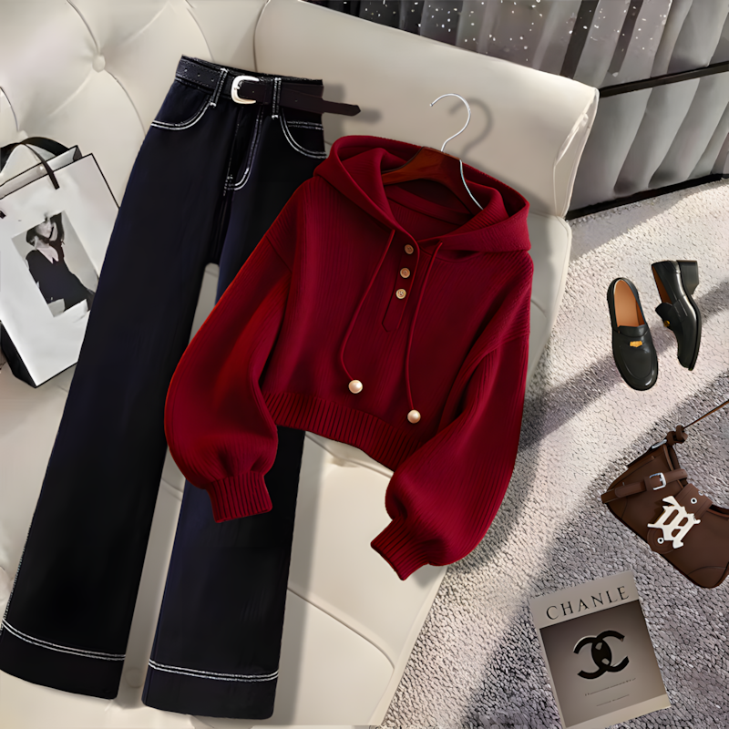 今年流行秋季爆款红色小众连帽抽绳针织卫衣休闲高腰直筒裤套装女
