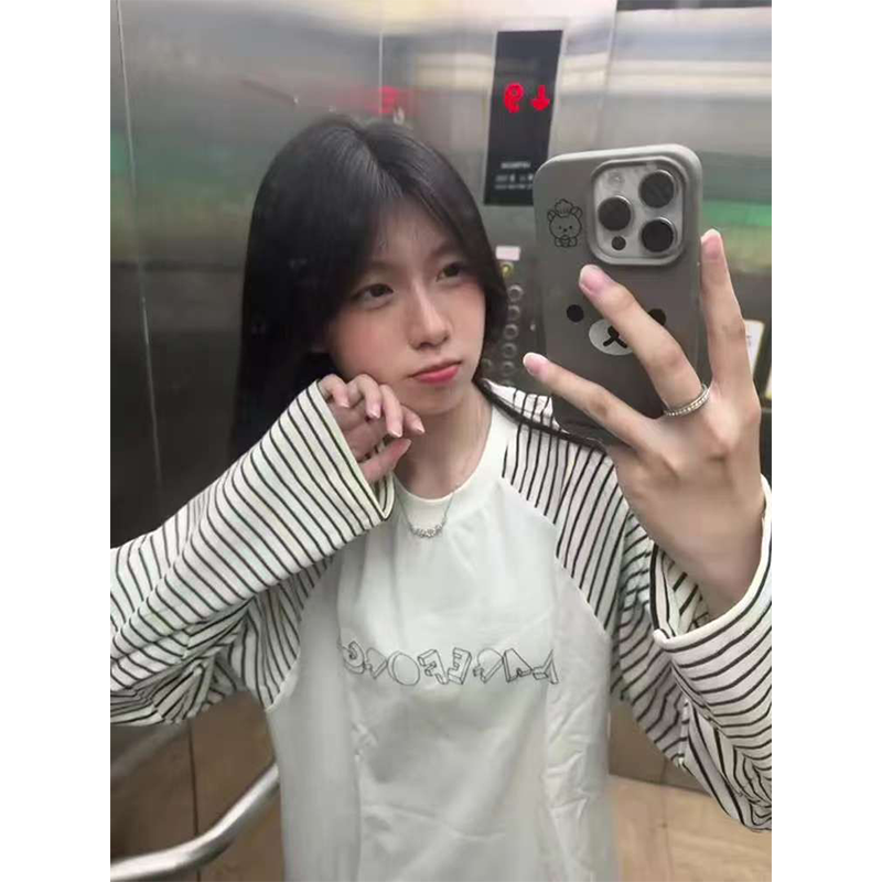 韩版复古圆领小众宽松百搭长袖T恤女秋季ins高级感休闲条纹设计感