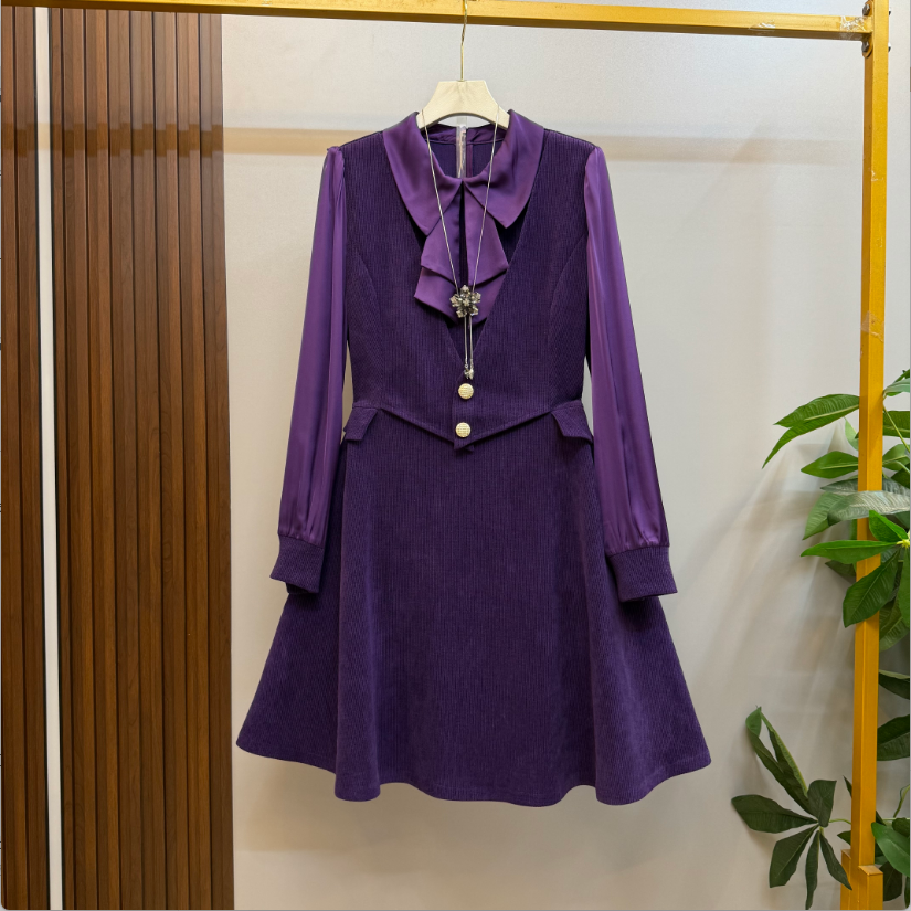 秋冬大码新款复古优雅气质显瘦纯色假两件设计领结连衣裙