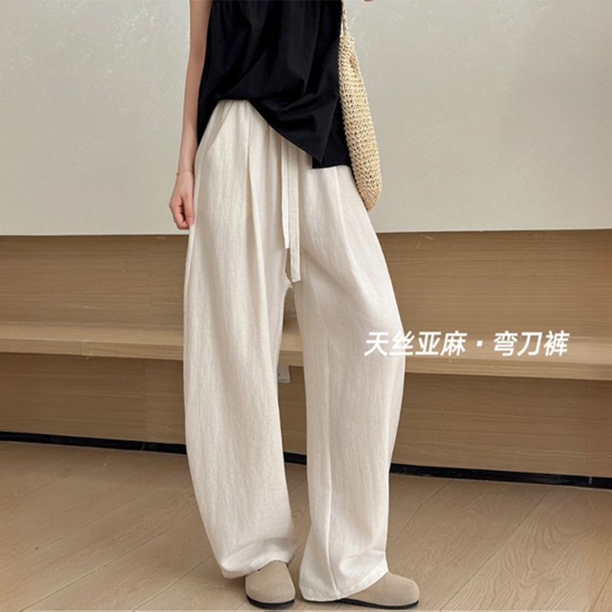 天丝亚麻裤2025夏季新款抽绳松紧薄款显瘦运动百搭休闲弯刀气球裤