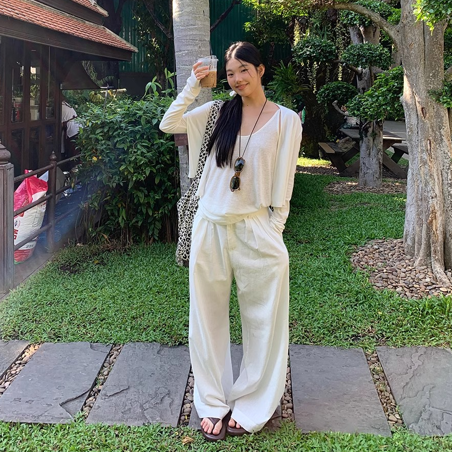 新款白色休闲裤女装夏季2025高腰垂感长裤宽松阔腿裤子直筒拖地裤