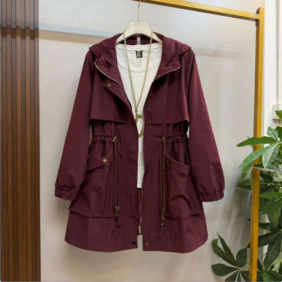 早春新款时尚休闲百搭防风遮肉连帽腰抽绳风衣外套