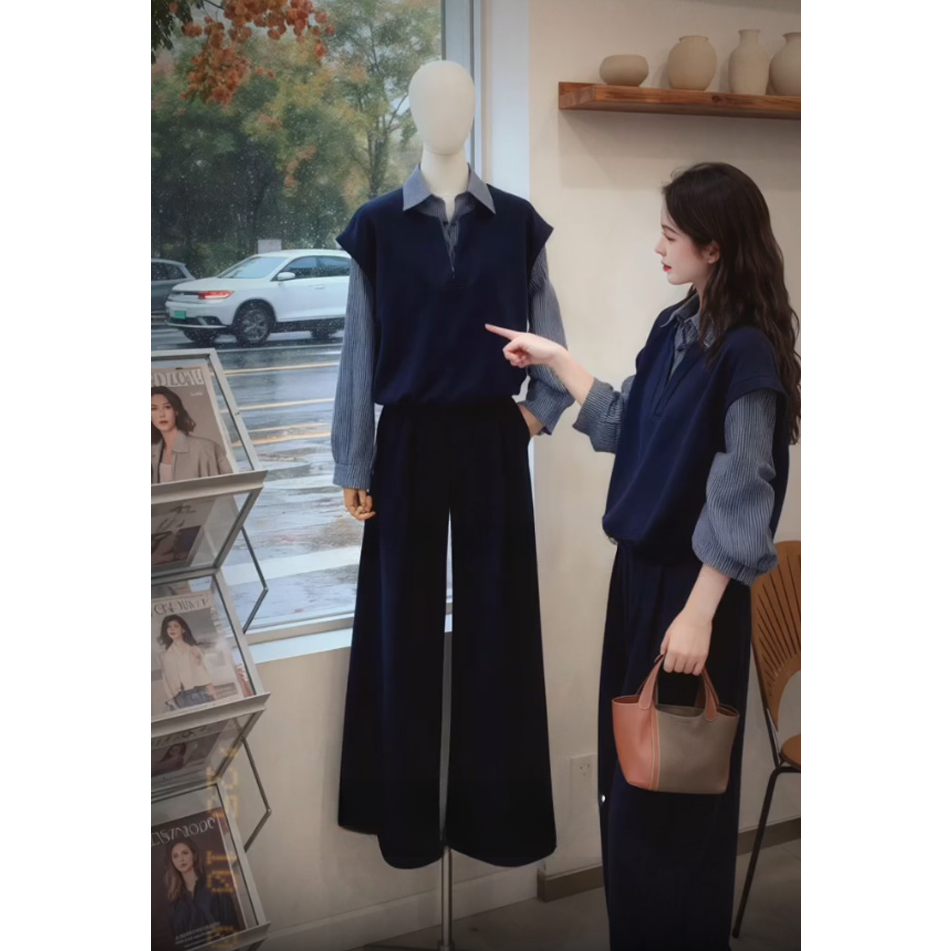 2025秋季新款韩系穿搭假两件格子拼接长袖衬衫藏蓝色裤子两件套女