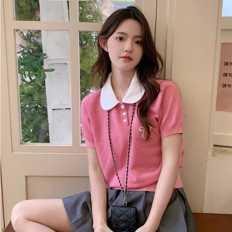 粉色娃娃领刺绣针织短袖T恤女夏季别致绝美小众减龄冰丝正肩上衣