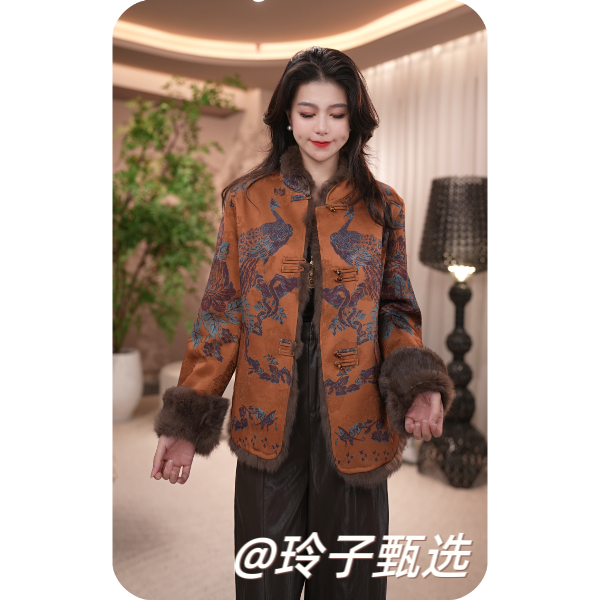 玲子自制（吉祥孔雀）原版！新中式国风气质高定真毛双面穿上衣外套