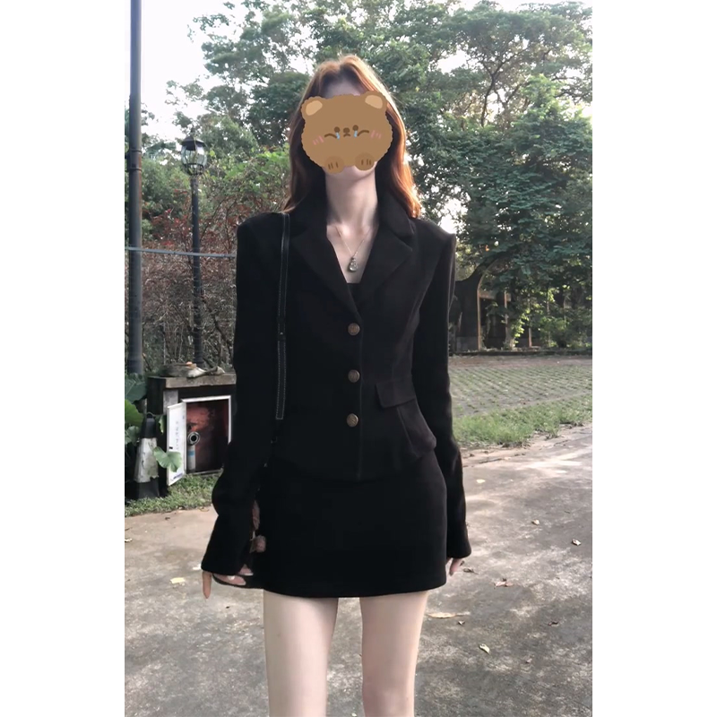 2025秋季新款韩系穿搭修身翻领长袖灯芯绒外套气质高腰显瘦半身裙