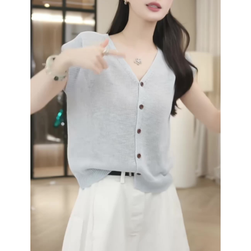 夏季新款小飞袖针织开衫女爆款V领气质纯色冰丝休闲高级感上衣