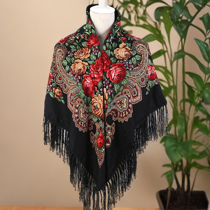 俄罗斯印花大方巾新疆民族风女旗袍披肩中老年秋冬季丝巾搭配衣服