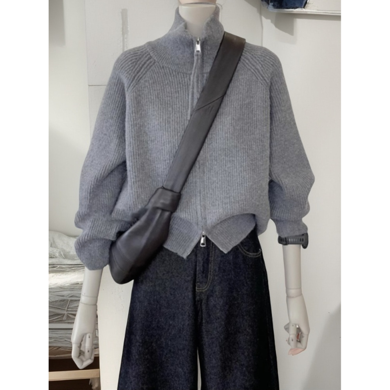 真心舒服！巨推荐！秋季款百搭针织衫灰色立领毛衣女双拉链开衫外套